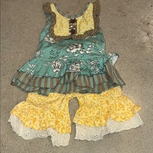 Mustard Pie Yellow and Teal Patterned Outfit 6 month